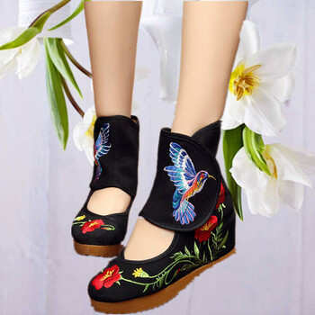 中式民族风绣花布鞋女内增高坡跟舞蹈鞋古装高跟鞋秀禾服 蜂鸟--黑色