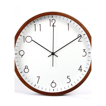 时尚创意客厅实木无声钟表圆形石英钟 数字小刻度金属针--胡桃色木框