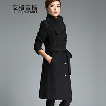 艾格青扬女装毛呢外套中长款2015秋冬装加肥加大码胖mm显瘦韩版呢子大衣女 黑色 XXXL
