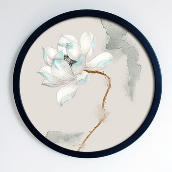 禅意水墨荷花创意圆形装饰画工笔花卉国画现代新中式客厅有框挂画qb