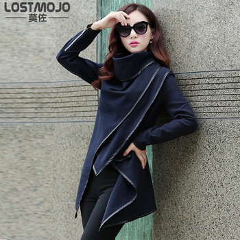 lostmojo 2015秋冬款女装收腰毛妮修身毛呢斗篷中长款大衣女外套 8601 藏青色 M