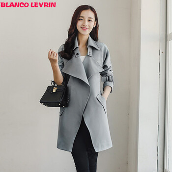 BLANCO LEVRIN2015秋装上新韩版修身中长款系带风衣外套女1950 灰蓝色 M