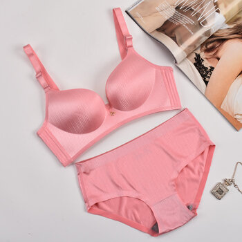 钢圈厚薄款幸福文胸套装性感狐狸小胸聚拢奶罩拉丝少女内衣 粉色套装