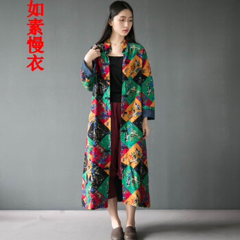 
                                        如素慢衣民族风棉麻女装印花盘扣长款风衣女大衣外套4308 菱形红色 均码                