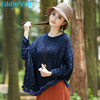 EddieVril 秋季新款名族风斗篷披肩 森女棉麻不规则个性文艺蝙蝠衫外套女 酒红色 均码
