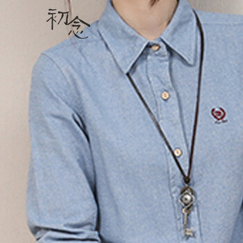 森女系字母标志刺绣衬衫 蓝色 M