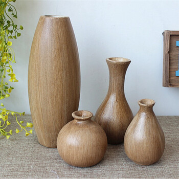 木质花瓶插花 摆件客厅欧式复古 木插花器 卧室咖啡店装饰花瓶 c款