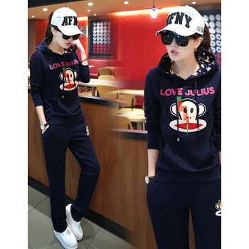 Paul Frank大嘴猴专柜正品女装2016春秋新款两件套卫衣运动服套装 时尚休闲棒球服 藏青色-春秋薄款 L