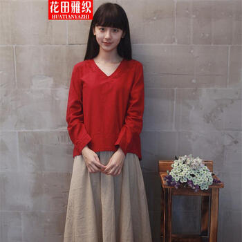 花田雅织2015秋装森女系棉麻刺绣长袖衬衫娃娃衫+半身裙长裙套装JG 红色 XXL
