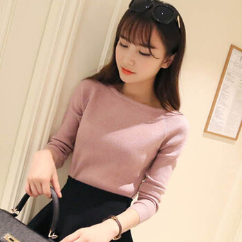 细语潮阁2015秋冬新款女装条纹大码套头毛衣上衣长袖针织衫女 9188 粉色 均码