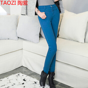 陶紫（TAOZI）加厚加绒高腰排扣牛仔裤女超弹力紧身松紧铅笔小脚 孔雀蓝 27码