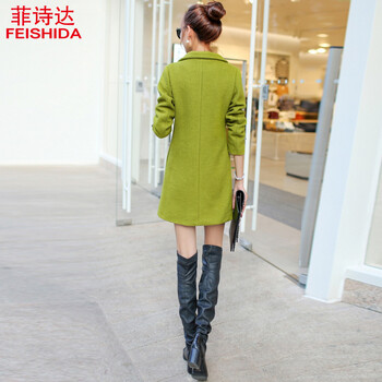 菲诗达   秋装呢大衣羊绒大衣女2015韩范修身毛呢外套中长款新品 草绿色 L