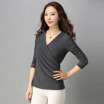 春秋打底衫大码女装网纱薄款长袖t恤性感秋衣女外穿加绒保暖上衣 灰色