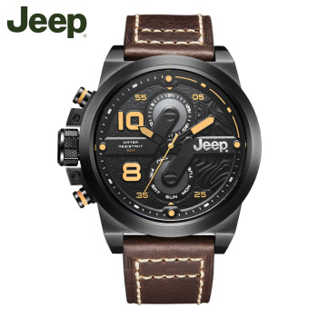JeepJEEP牧马人石英手表男士 休闲腕表 小三针双日历皮带防水左侧表冠 棕色 JPW67603