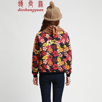 
                                        蝶尚缘2016秋冬季新款大码女装修身文艺范印花保暖加厚加绒圆领短外套女  E2-1059 绿底花 M                