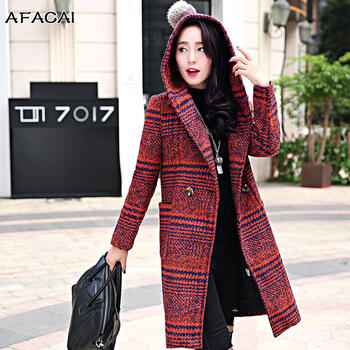 afacai毛呢外套 女装2015秋冬新品韩版修身中长款连帽格子呢子大衣女潮 A4808 红格 M