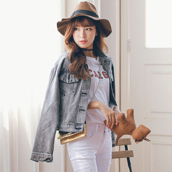 魁依2015秋冬宽松蝙蝠大码韩版绣花长袖夹克牛仔外套女 灰色 S