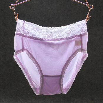桑蚕丝针织真丝高腰款内裤性感蕾丝花边包臀三角裤女性感收腹 粉紫色