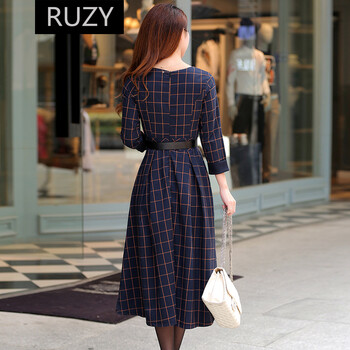 RUZY秋装复古格子长裙连衣裙 图片色 XL