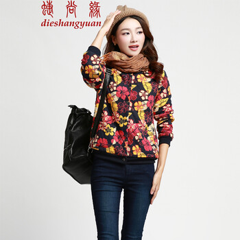
                                        蝶尚缘2016秋冬季新款大码女装修身文艺范印花保暖加厚加绒圆领短外套女  E2-1059 绿底花 M                