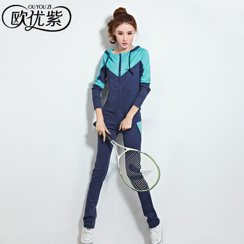 欧优紫2015秋款女装休闲拼色卫衣套装Y8070 宝蓝色 M