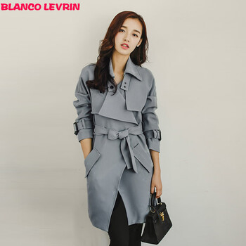 BLANCO LEVRIN2015秋装上新韩版修身中长款系带风衣外套女1950 灰蓝色 M