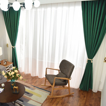 北欧拼接定制成品窗帘简约现代卧室飘窗遮光色黄色加厚布料 墨绿 宽4.