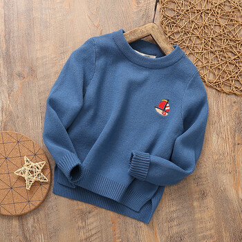 男女童纯棉针织毛衣圆领2儿童毛线衣中大童纯色套头衫宝宝 孔雀蓝帆船