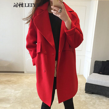 泪怡LY2015秋冬季女装新款毛呢大衣女 韩版中长款双面呢毛呢外套女羊毛呢子大衣女895 藕粉色 XL