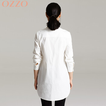 OZZO/欧尼迩干练OL气质衬衫长袖中长款立领衬衣 白色百搭宽松上衣 米白色 S