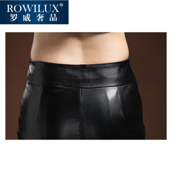 ROWILUX罗威2016春款一步包臀裙 蕾丝绣花皮裙 绵羊皮短裙 皮半身裙 半身裙黑色. L
