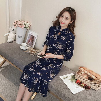 胭脂月孕妇连衣裙春秋季中长款韩版宽松长袖碎花雪纺裙子孕妇装秋装