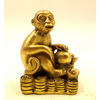 沪缘 风水纯铜猴子摆件元宝葫芦生肖猴铜猴工艺品家居装饰摆设 高11