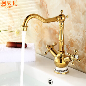 柯尼卡卫浴 欧式金色全铜双控冷热水台上盆水龙头 卫浴面盆龙头 knk