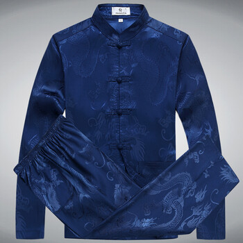 长袖唐装男春夏复古盘扣中式套装民族中老年爸爸夏装 大龙蓝色 180/xl