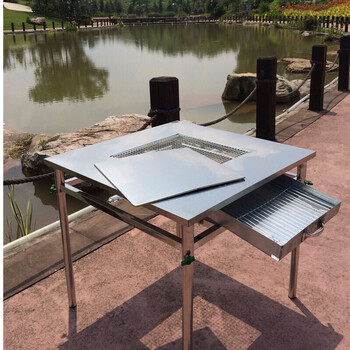 自助烧烤桌多功能户外木炭烧烤炉架桌商用不锈钢无烟带烤网一体桌 长