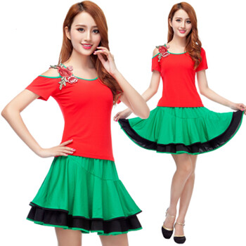 广场舞2018夏季新款短袖套装短裙子跳舞蹈的上衣服装女成人 红短袖 绿