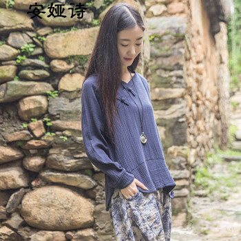 安娅诗 原创复古文艺范民族风盘扣斜襟七分袖棉麻衬衫亚麻女套头衫上衣 藏蓝色 均码