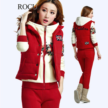 若初（ROCU）2015新款冬装三件套卫衣女加绒韩版修身女装连帽运动开衫女 红色 M合适80-98斤