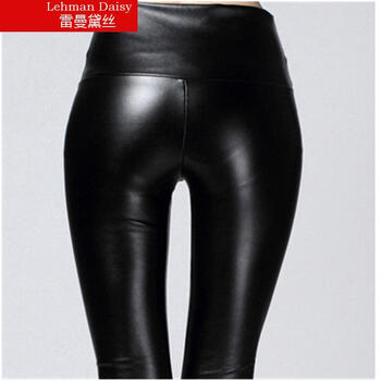雷曼黛丝 2015春季女装韩版修身高腰加薄绒皮裤打底裤女BR5501 黑色 L
