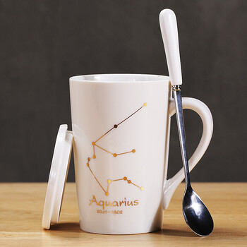 情侣杯黑白一对陶瓷带盖勺马克杯办公室水杯jhy 水瓶座(白) 盖 专属勺