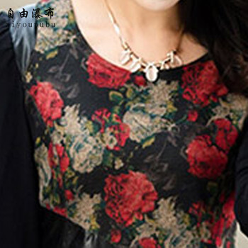 自由瀑布2015新款女装打底衫宽松气质大码圆领拼接长袖T恤 女秋 红花 L