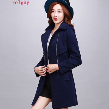 relguy 2015秋冬新女装修身中长款时尚羊绒气质休闲大码风衣毛呢外套女 2025藏青色 XXL