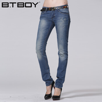 
                                        BTBOY/棒球小子 女裤子 女式窄脚长裤 中腰浅蓝休闲牛仔裤深色 深蓝 27码                