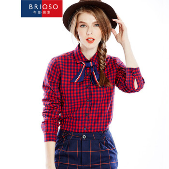 BRIOSO 2015秋装新款保暖女款格子衬衫 女加绒加厚纯棉韩版修身长袖衬衣 B1540025 M