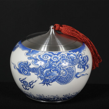 精品99.9%老纯锡罐 纯锡茶叶罐 茶叶盒 陶瓷锡罐 骨瓷手工锡罐 茶罐子茶具套装 锡壶器 奢华加大号龙腾四海尊贵黄色