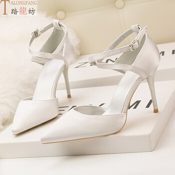 风细跟高跟女鞋浅口尖头夜交叉绑带凉鞋 银色 38