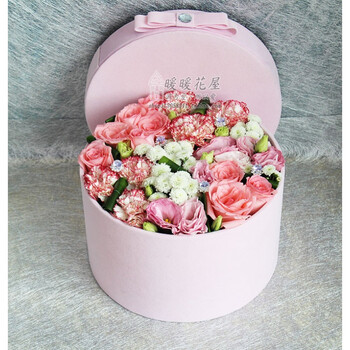 郑州鲜花礼盒速递粉玫瑰圆形绒布花盒情人节教师节礼物高大上 大号