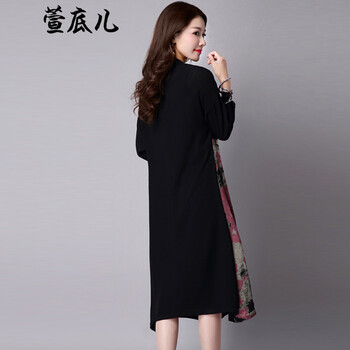 萱底儿2015秋装新款女装文艺中长款宽松大码棉麻印花开衫外套 黑色 XXL