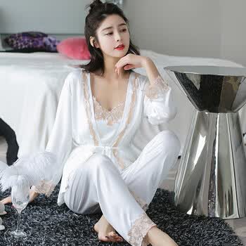真丝吊带睡衣女夏套装韩版冰丝三件套可外穿宽松性感家居服春秋款